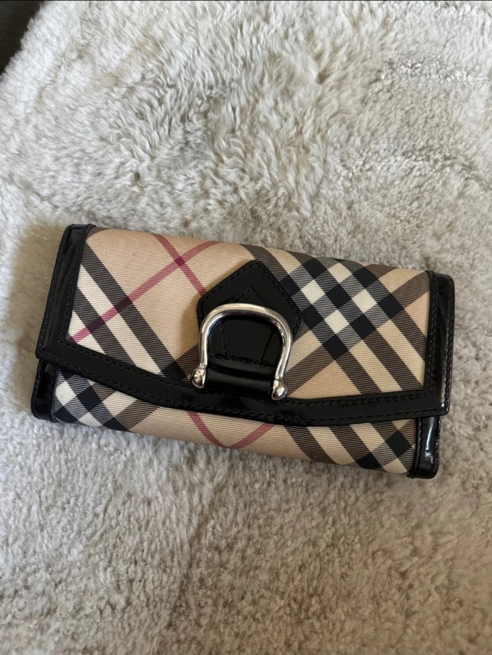 Burberry Beige Plaid Wallet with Black Trim and Silver Buckle